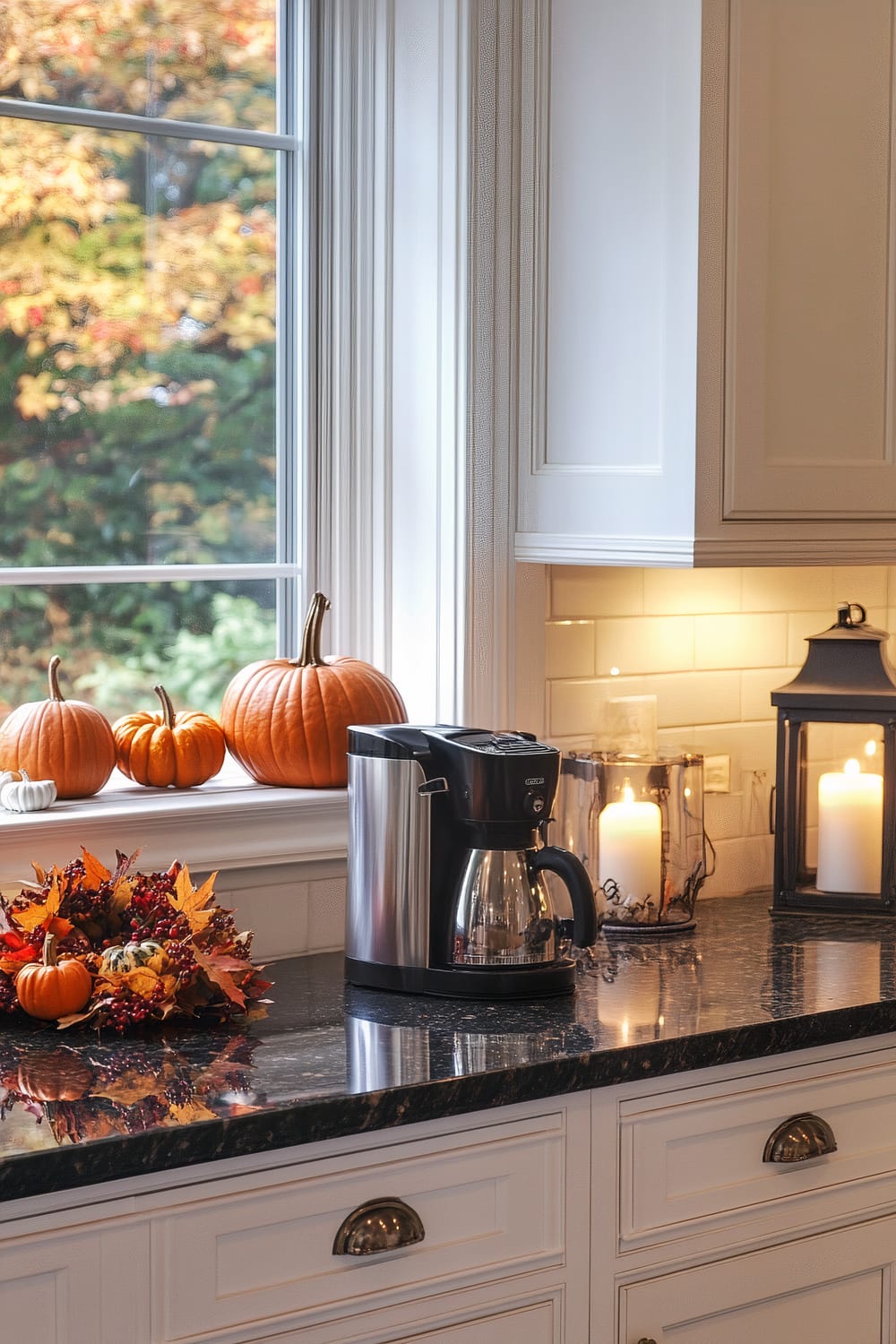 A well-lit kitchen countertop scene featuring a stainless steel coffee maker placed on a dark granite surface. To the left of the coffee maker, a colorful fall centerpiece with leaves and small pumpkins sits on the counter. Three pumpkins of varying sizes are displayed on the windowsill, adding to the autumn theme. Behind the coffee maker, two lit candles are enclosed in decorative lanterns, contributing to a warm and inviting ambiance. The window offers a view of autumn foliage outside, complementing the indoor fall decorations.