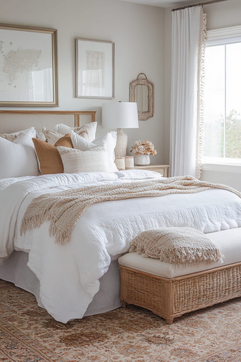 A light and airy bedroom features a bed with white linens, beige throw blankets, and a mix of white and beige pillows. The bed has a wooden headboard with a beige upholstered panel. Artworks in neutral frames hang above the bed. A wicker bench with a beige cushion and a beige throw pillow sits at the foot of the bed. To the right, a nightstand holds a textured white lamp, a vase with beige flowers, and small decor items. A large window with white curtains lets in natural light, illuminating the room. The floor is adorned with a patterned beige and rust-colored rug.