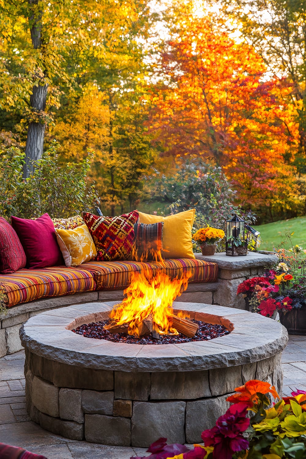 An outdoor autumn scene featuring a stone fire pit with a vibrant fire burning. The pit is surrounded by a curved stone sitting area adorned with colorful cushions and throw pillows in shades of red, yellow, and patterned designs. The background consists of trees with foliage in brilliant autumn colors, including yellows and reds. Decorative lanterns and potted plants add to the cozy ambiance.