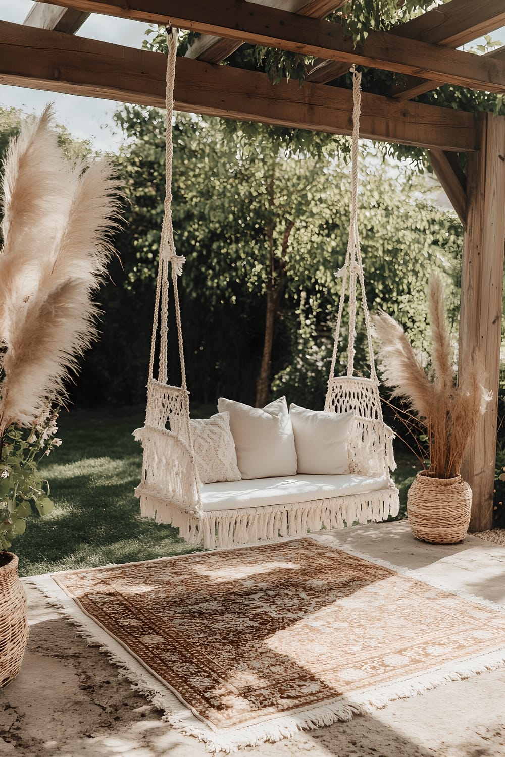 A serene and beautifully curated backyard scene, featuring a comfortable white macramé swing chair that's suspended from a wooden pergola. The chair is adorned with light linen pillows, and it hangs over an artistically patterned outdoor rug. Towering pampas grasses are framing the scene, their feathery tufts looking quite soft against the clear, sunny sky. The background also shows a lightly weathered wooden fence, adding to the laid-back, rustic charm of the entire setup.