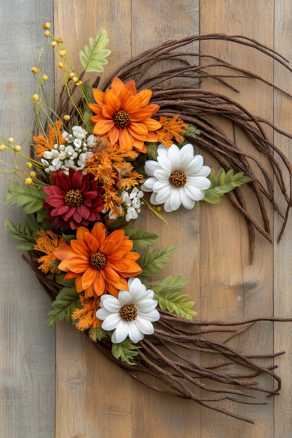 A rustic floral wreath with a crescent shape is mounted on a wooden wall. The wreath is made of intertwined brown branches, featuring vibrant, lifelike flowers in shades of orange, white, and burgundy, accented with green leaves and small yellow berries.