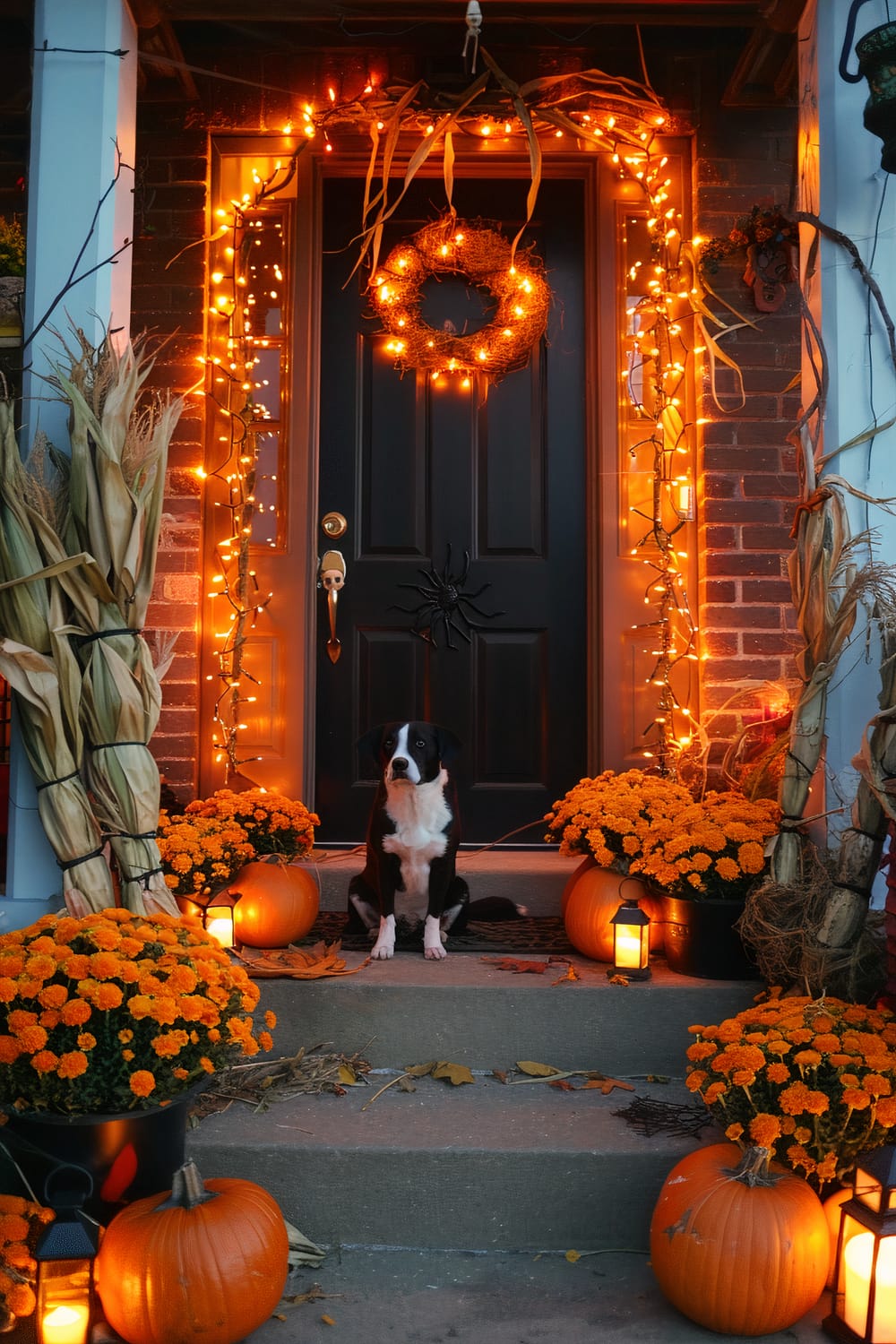 A front porch decorated for Halloween with a black door framed by orange string lights and a round wreath. A black and white dog sits on the steps, surrounded by pumpkins, potted orange chrysanthemums, and cornstalks. Lanterns illuminate the scene with a warm glow.