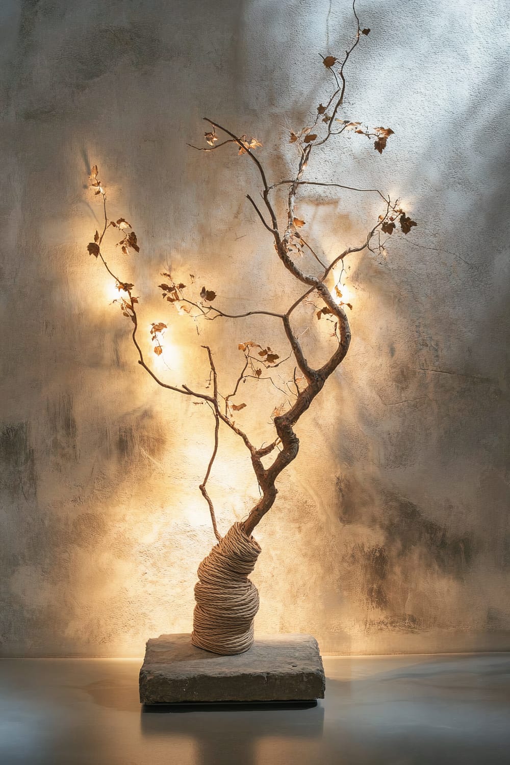 A minimalist decor piece featuring a simple branch adorned with small, understated leaves. The branch is wrapped with neutral twine at its base and is placed on a square stone slab. It is illuminated with warm, directional lighting, which highlights the natural textures and casts soft shadows on a textured background wall.