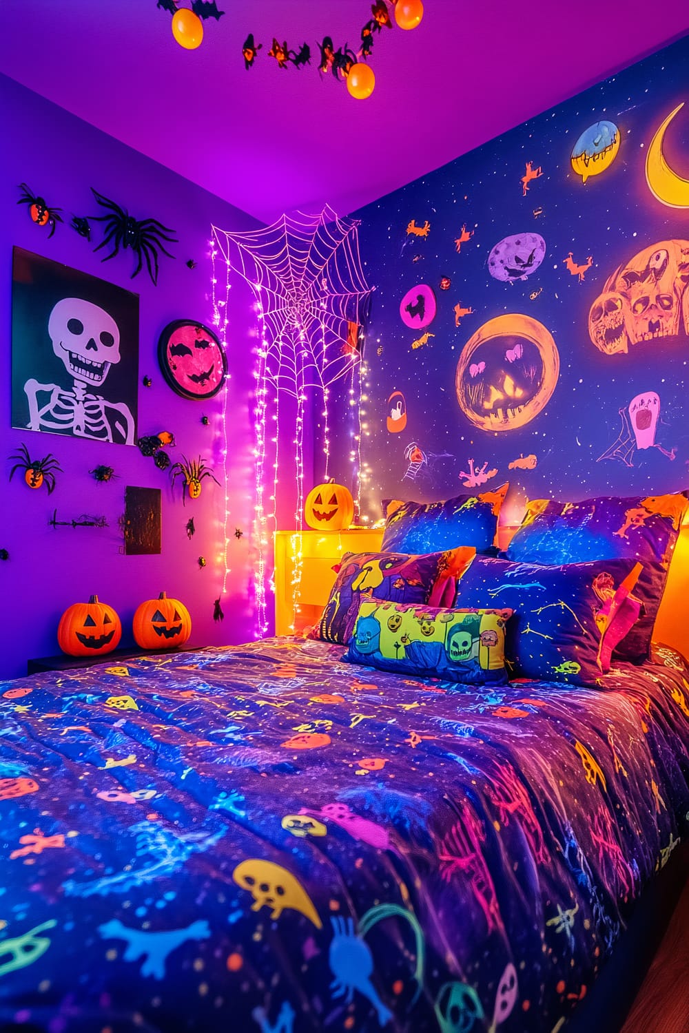 An elaborately decorated Halloween-themed bedroom. The walls are painted in a rich purple hue, adorned with various Halloween decorations including fake spiders, cobwebs, and pumpkin buckets. Above the bed hangs a string of lights shaped like bats and orange globes. The bed is covered in dark blue bedding with playful Halloween designs, and is flanked by pillows featuring spooky graphics. The room glows with ambient purple and orange lighting, enhancing the eerie yet festive atmosphere.