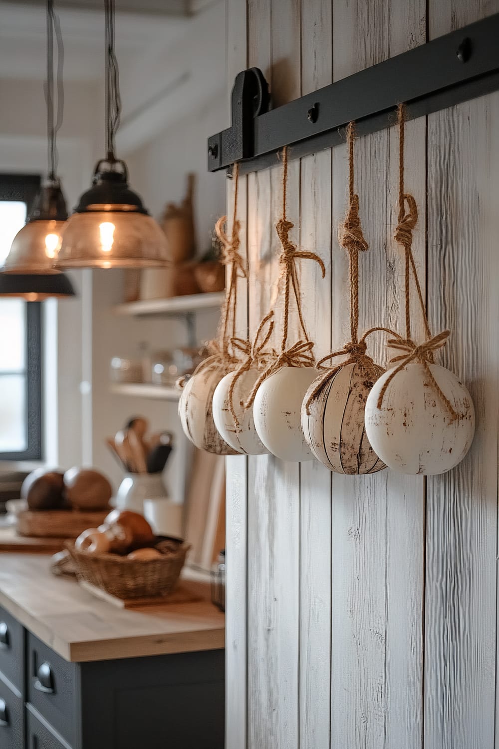 A collection of white wooden ornaments, each tied with natural twine, hanging artistically on a sliding barn door in a Modern Farmhouse kitchen. The ornaments are distressed, blending rustic charm with elegance. Warm pendant lighting softly illuminates the setting, creating a cozy and inviting ambiance. In the background, a kitchen counter with a basket of bread and various kitchenware is visible.