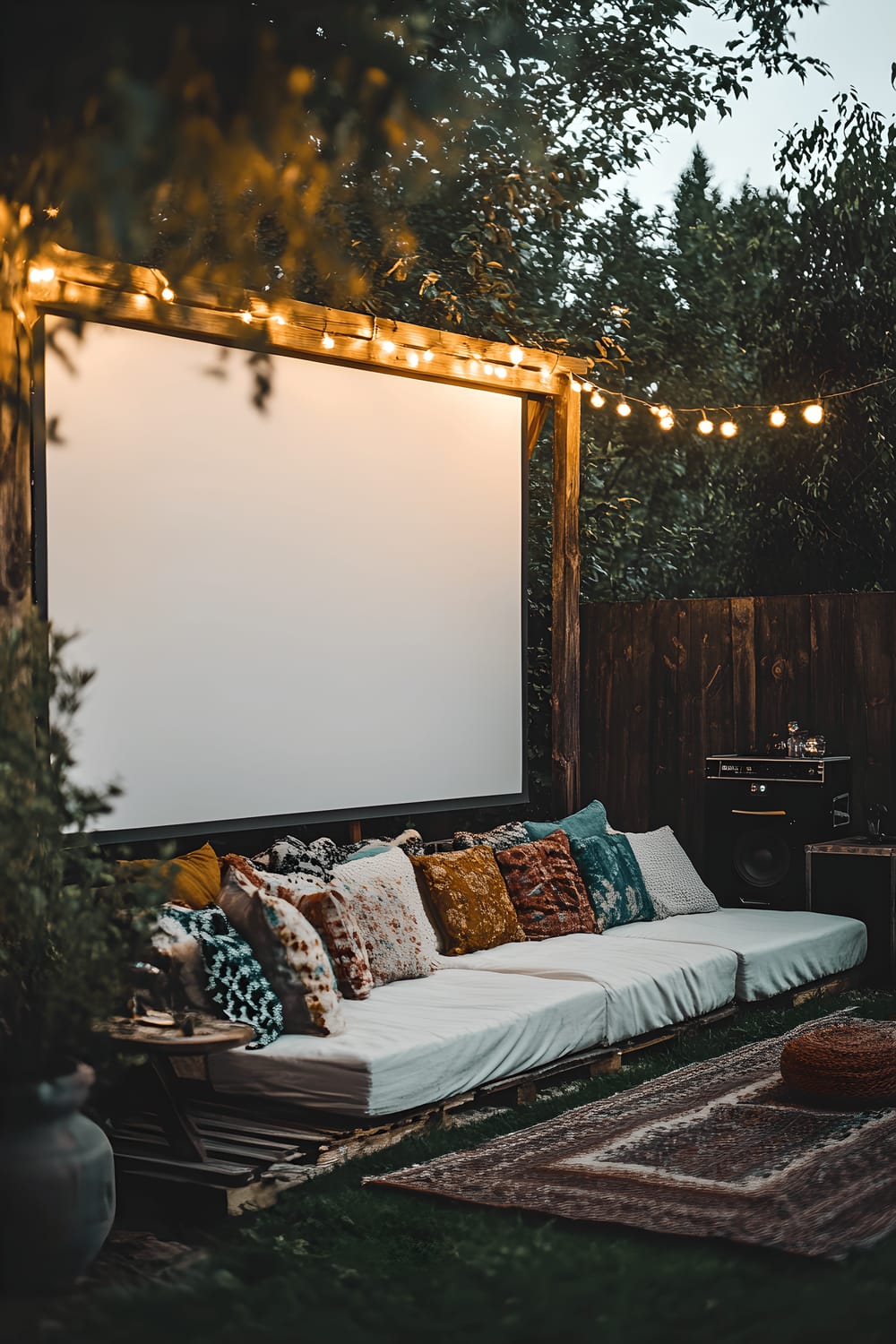 A relaxed outdoor movie night scene featuring a large white screen propped against a wooden frame with a sectional sofa arranged in front, adorned with vibrant pillows and cozy blankets. A vintage projector and speaker system are discreetly placed nearby, and the entire setup is bathed in soft ambient lighting as dusk falls.