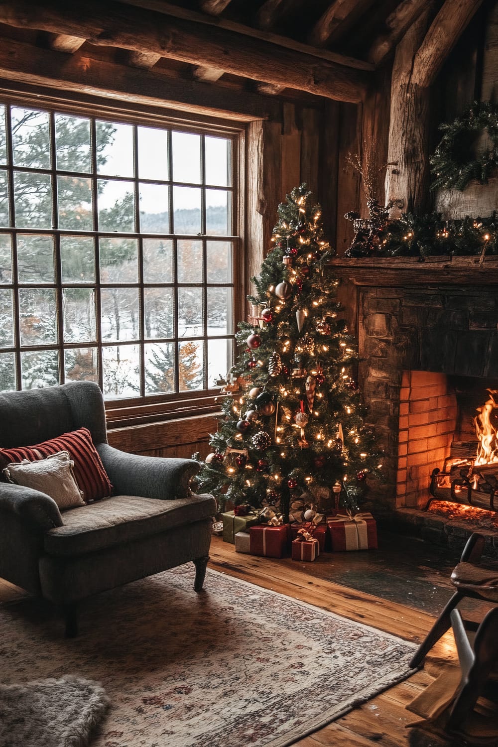 A cozy, rustic living room is adorned for Christmas. A decorated tree adorned with lights, ornaments, and topped with a star stands near a large window framing a snowy landscape. A lit fireplace with a stone mantel and Christmas wreath adds warmth. Gifts are wrapped and placed under the tree. A comfortable armchair with cushions is positioned beside the window, and the floor is covered with a plush rug.