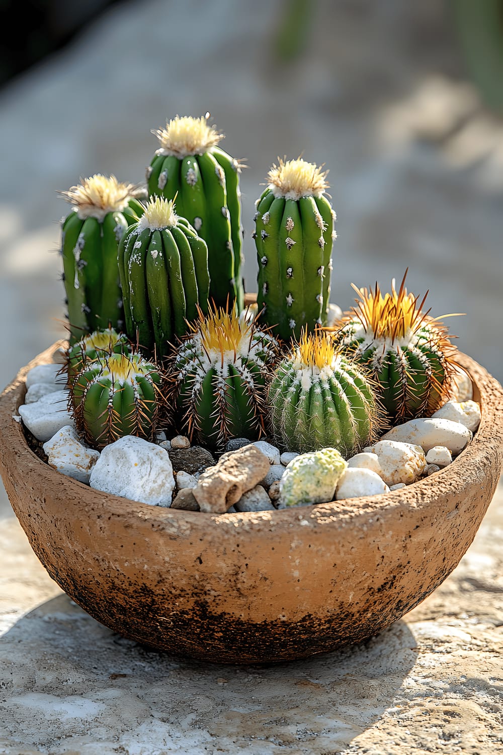 A shallow clay bowl planter filled with a variety of unique cacti, including Golden Barrel, Totem Pole, Fairy Castle, and Bishop’s Cap Cacti, surrounded by small chunks of lava rock and white sand to emulate a desert environment.