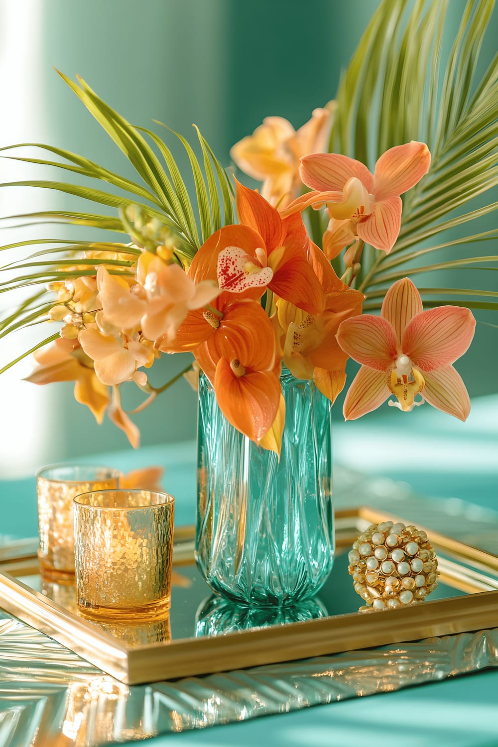 A vibrant tableau featuring a golden tray filled with exotic tropical flowers contained within an Aqua-colored glass vase. The tray also hosts gold candle holders and aqua glass beads. The contrasting blue-green tablecloth and a gold geometric runner accentuate the centerpiece setup. Illuminated by natural light, the bright aqua elements pop against the luxurious metallic undertones.