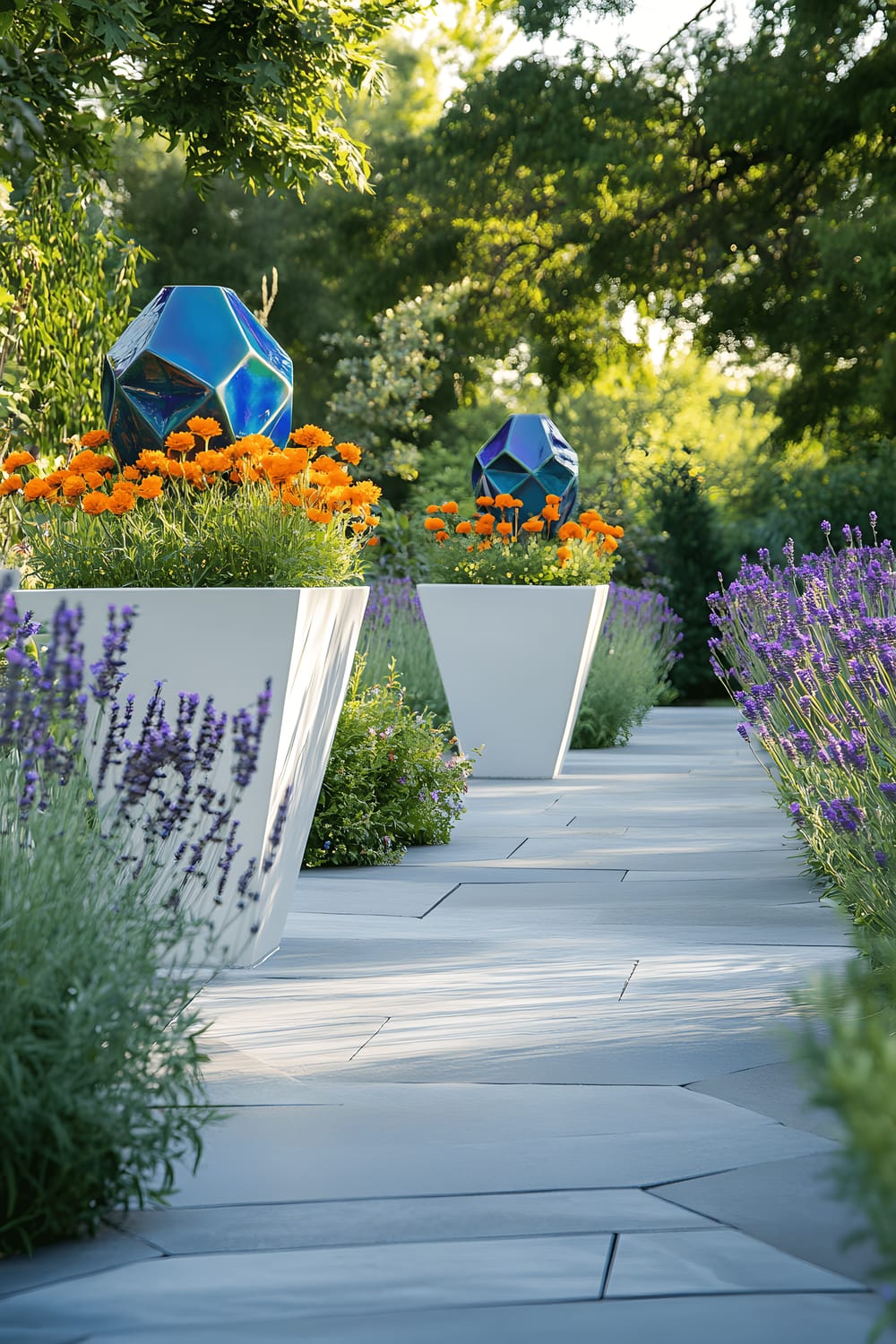 A modern garden pathway made of large slate tiles, lined with bright marigolds and lavender in white minimalist planters. The path is adorned with vibrant Art Deco-inspired sculptures in cobalt blue and emerald green. Soft natural light illuminates the scene, emphasizing geometric shapes and the harmony of colors.