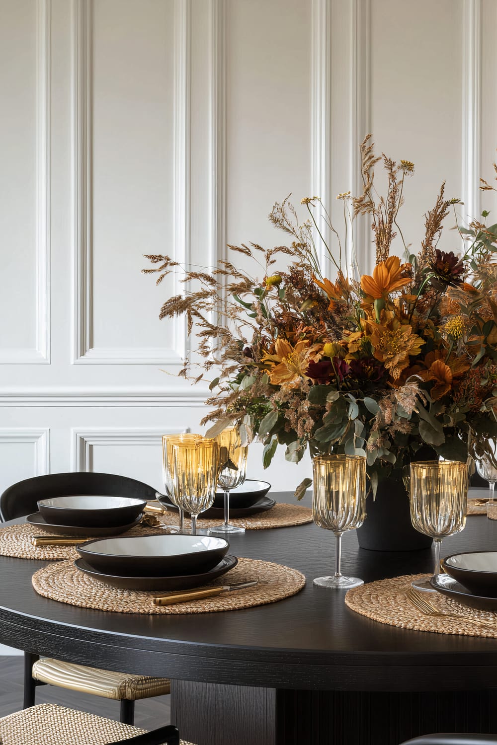 Elegant dining table set with four black bowls on matte black stoneware plates, arranged on natural woven placemats. Four amber-hued glasses, each next to golden cutlery, enhance the table. The centerpiece is a lavish bouquet of autumnal faux flowers in warm shades of orange, red, and yellow with dried accents, all in a black vase. The setting is framed by a backdrop of crisp, white-paneled walls.