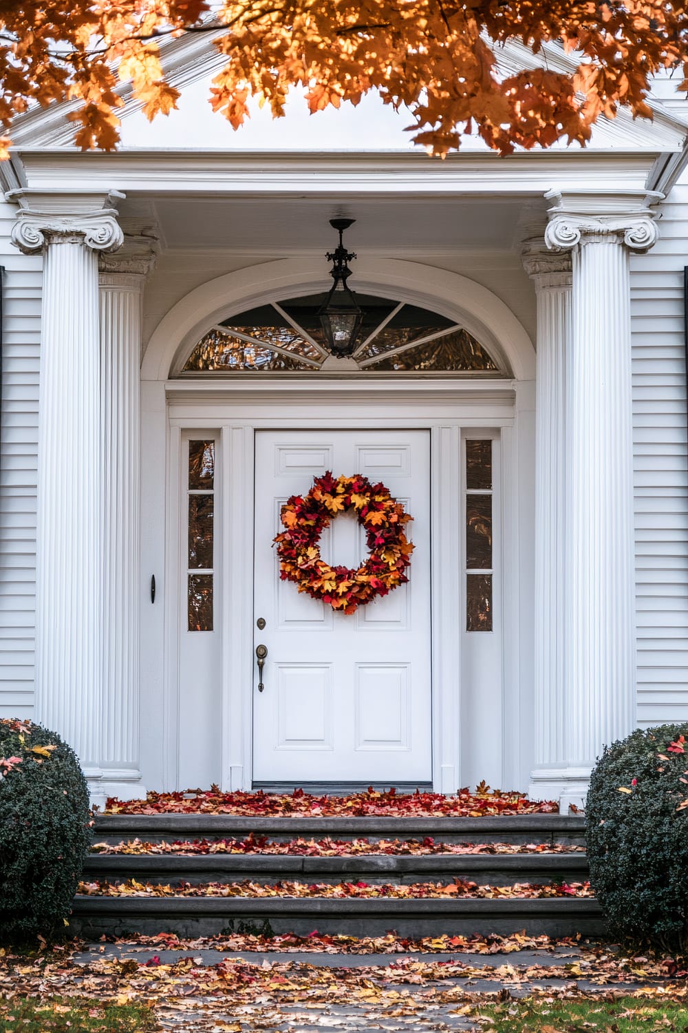 White front door with a festive wreath of red, orange, and yellow autumn leaves. The door is framed with white side windows and flanked by grand, white Roman-style columns on either side. A black lantern hangs above the door. There are steps leading to the door, covered with fallen autumn leaves, and partially visible bushes at the foot of the stairs. The scene is framed by overhanging branches with vibrant orange leaves, indicative of the fall season.