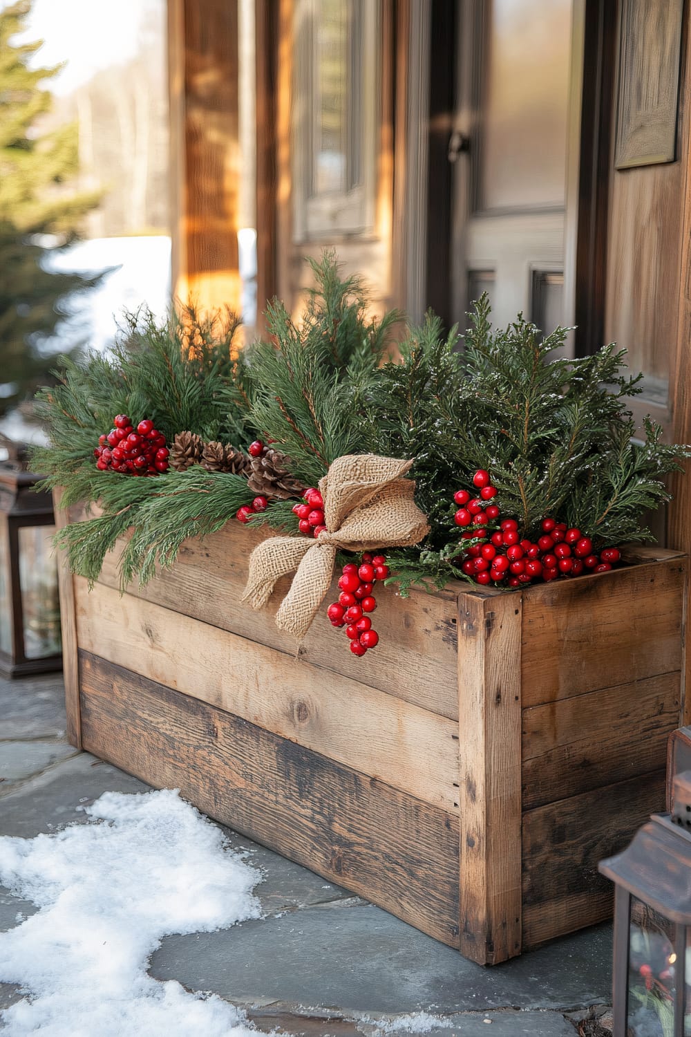 A reclaimed wooden planter with Arborvitae shrubs and bright red Cranberries positioned on a rustic farmhouse porch with stone pathway. The arrangement includes burlap bows and small wooden ornaments. Warm amber outdoor lanterns are placed around the planter, casting a cozy glow against the snowy backdrop.