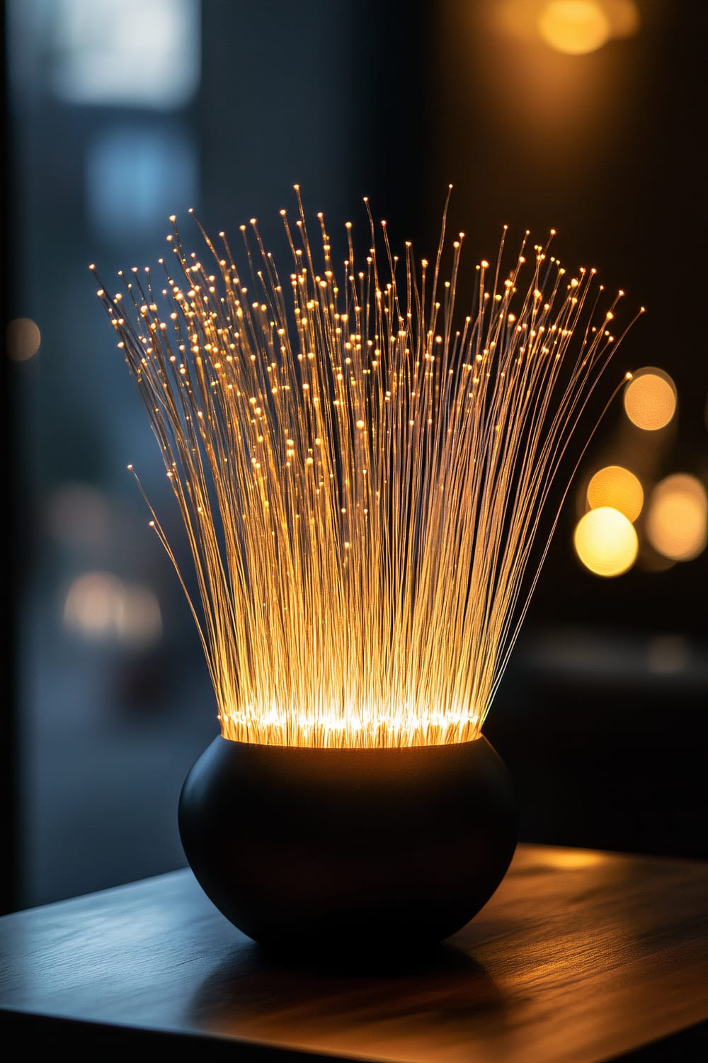 A table centerpiece with illuminated fiber optic strands in a black spherical base, emitting a soft, ambient glow. The background is dimly lit, creating a warm and modern atmosphere.