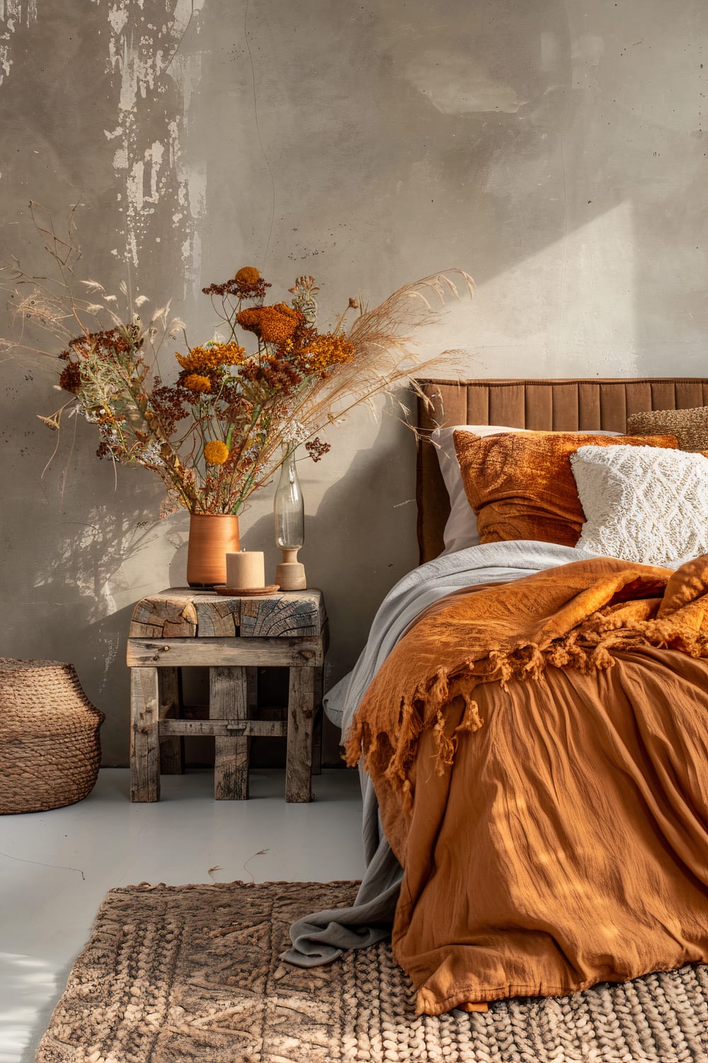 The image shows a bohemian-style bedroom with a rustic and earthy aesthetic. A wooden bed with a brown headboard is adorned with orange and white pillows and an orange blanket. Beside the bed, there is a wooden nightstand with a vase of dried flowers, a candle, and a bottle. The gray textured wall has a distressed look, adding to the earthy ambiance. A woven jute basket and a patterned rug are also visible, contributing to the natural theme.