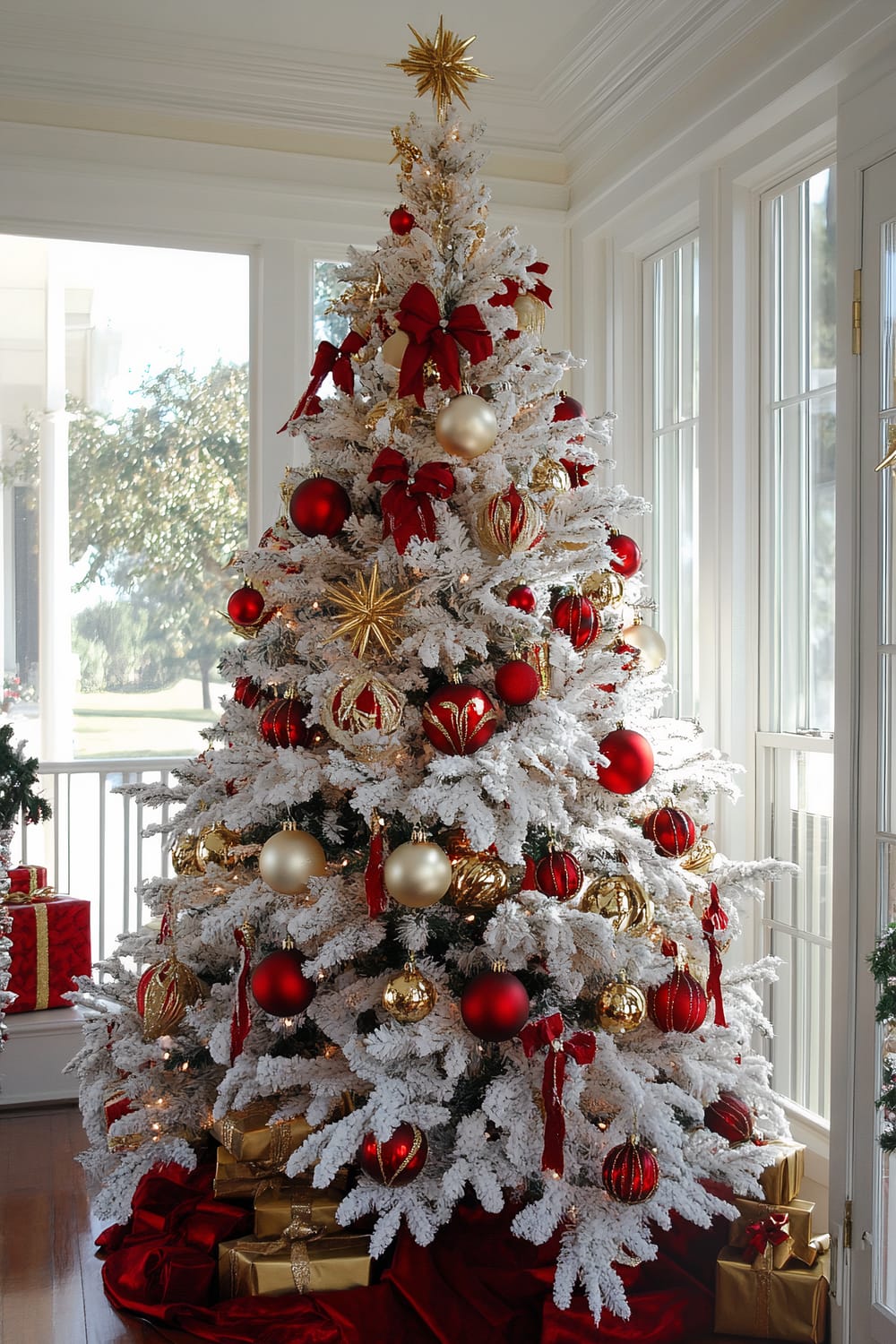 A beautifully decorated artificial Christmas tree with a white, snow-like finish is placed in an elegantly appointed room with large windows allowing ample natural light. The tree is adorned with red and gold ornaments, including baubles, stars, and ribbons, and topped with a large, golden star. Beneath the tree are wrapped presents in gold paper with red ribbons, on a lush red tree skirt. Outside the window, greenery can be seen, adding a natural touch to the festive indoor scene.