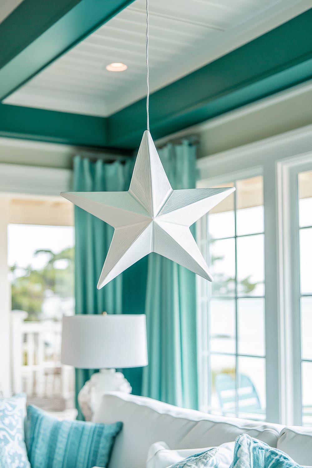 A close-up image of a white ceramic star ornament hanging from a teal-painted ceiling beam in a coastal-themed living room. The star is lit by natural light coming through large windows in the background. The room features teal curtains, white furniture, and teal-patterned cushions.