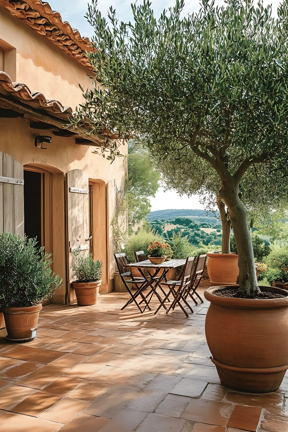 The image depicts a sunlit courtyard designed in a rustic manner. The floor is laid with terracotta tiles that bring a warm reddish-brown hue to the scene. Major elements include large olive trees housed in aged clay pots, contributing to the old-world charm. A cozy wooden bistro set, comprising a small round table and two chairs, is neatly tucked into a shaded corner. The scene is generally warm and inviting, painted with vibrant sunlight and energized by the verdant green of olive leaves.