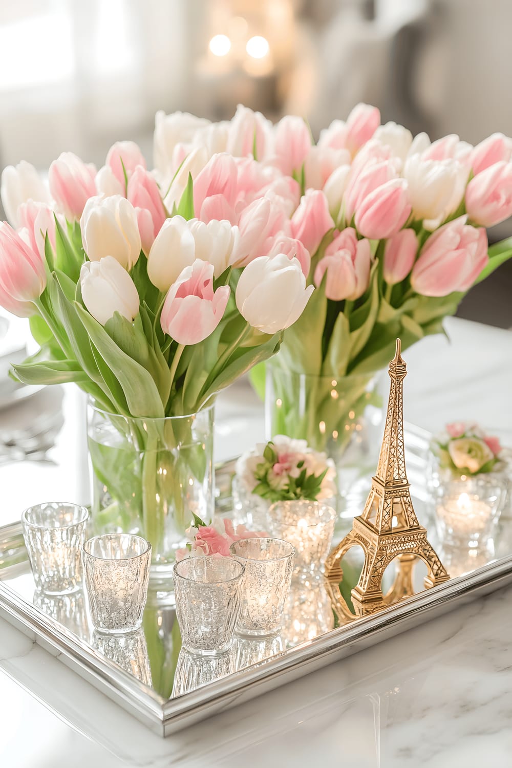 A Parisian-inspired centerpiece on a marble table featuring a mirrored tray with pastel-colored tulips in delicate glass vases, accessorized with gold Eiffel Tower figurines and silver tea light candles. The scene is illuminated by soft, diffused lighting.