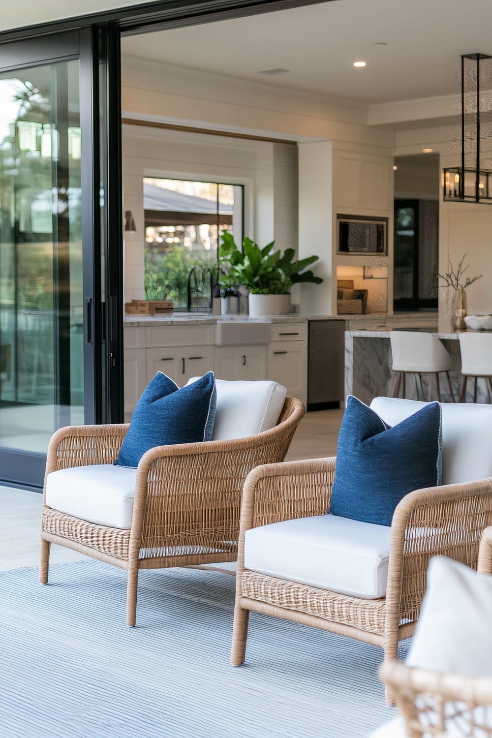 A modern living area features two rattan armchairs with white cushions and navy blue throw pillows. These chairs are situated on a light grey striped rug. The background reveals an open kitchen, showcasing a marble island with white barstools and contemporary light fixtures. Indoor plants on the kitchen counter infuse a touch of greenery. The space connects seamlessly to an outdoor area through large, sliding glass doors.