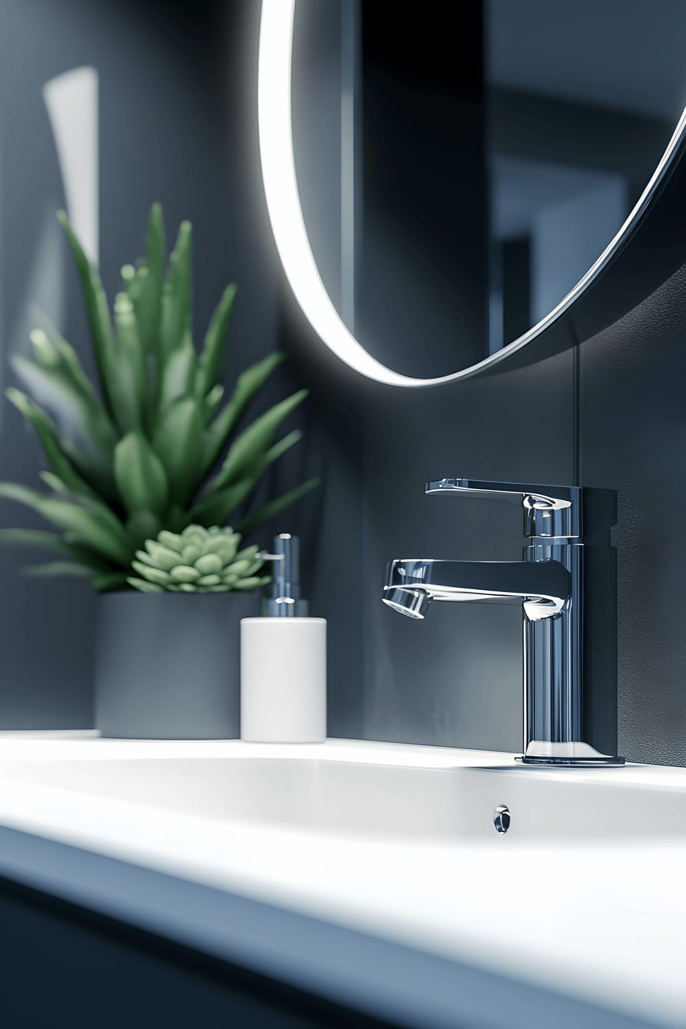 A close-up view of a modern apartment bathroom vanity with a sleek white countertop, a matte black round mirror, chrome fixtures, a minimalist soap dispenser, and a small potted succulent. The layout is enhanced by soft overhead lighting lending a clean and contemporary aesthetic.