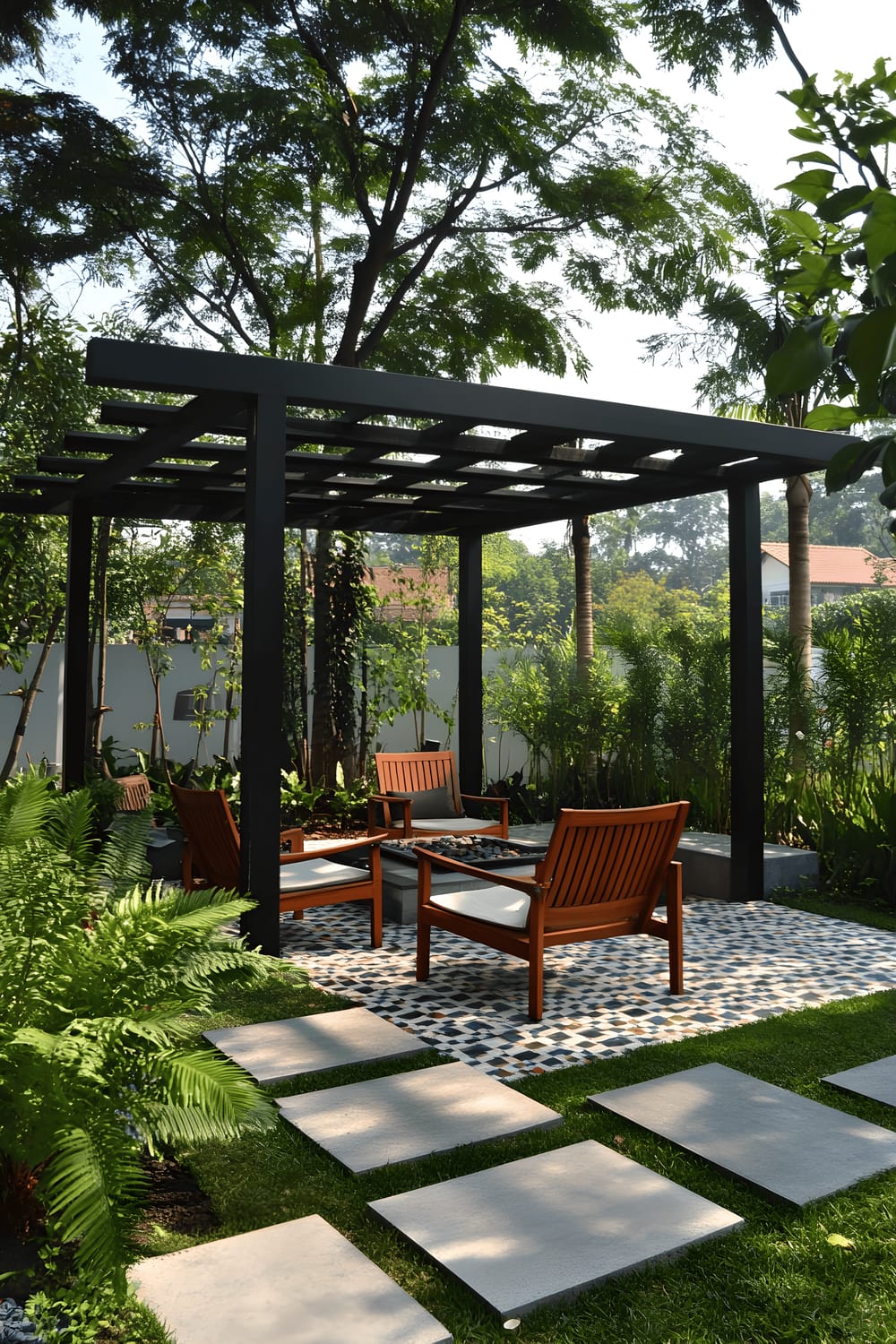 A modern backyard setup featuring a shaded pergola with minimalistic beams, a geometrically tiled seating area surrounded by lush greenery and furnished with four wooden lounge chairs and a contemporary firepit. Stepping stones lead to the seating area framed by ferns and small trees.