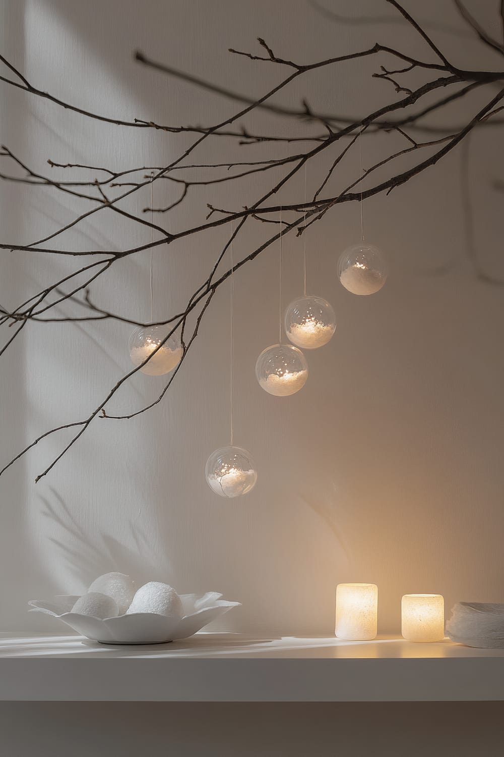 White bare branches adorned with delicate hanging snow globes are illuminated by soft directional lighting against a minimalist modern shelf background. The shelf holds a bowl filled with white spherical objects and two softly glowing candles, creating subtle shadows on the wall.