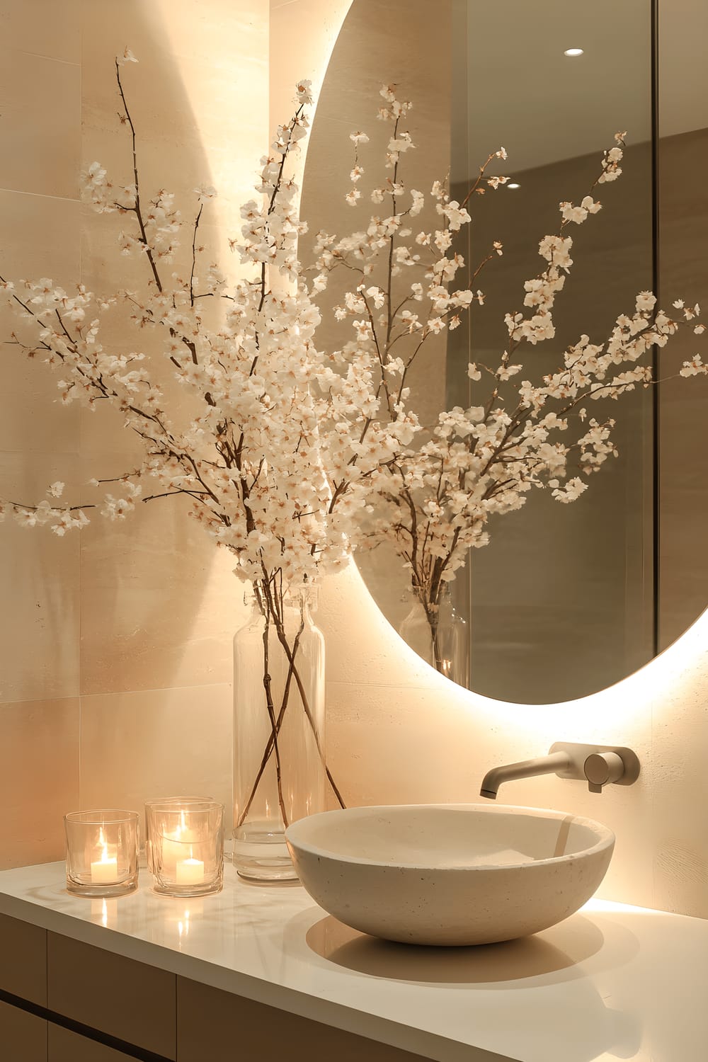 A modern bathroom featuring a floating stone vanity. A single tall glass vase filled with delicate white cherry blossoms rests on the vanity, in front of a sleek oval mirror with warm backlighting. The peaceful ambiance is enhanced by soft candlelight.