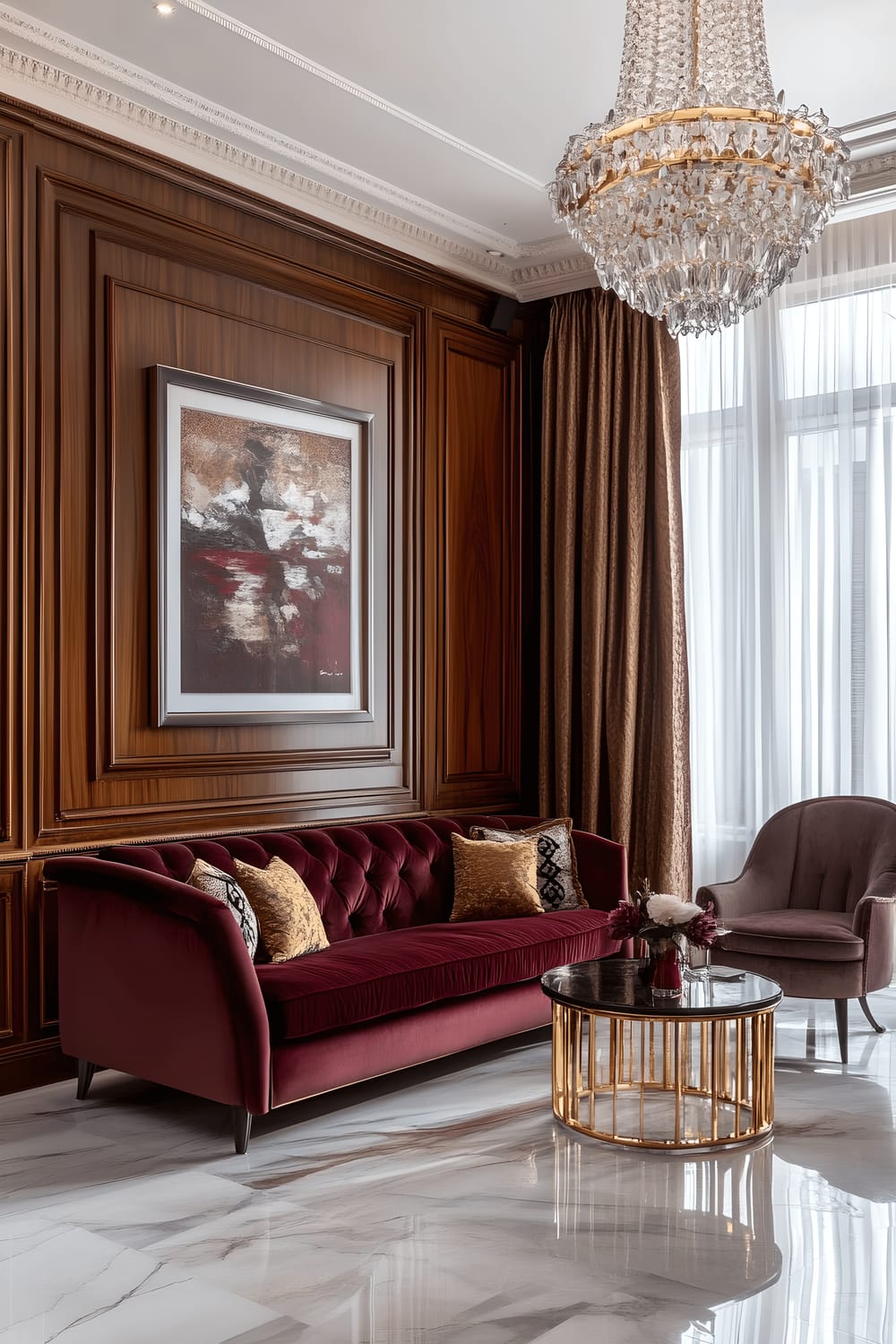 A luxurious living room in a Mayfair home with a deep burgundy velvet sofa set in the center. A grand crystal chandelier hangs from the high ceiling, embellishing the room's aesthetic beauty. The floor is high-gloss marble, reflecting the soft, diffused light entering through the large windows covered with heavy drapes. Rich, dark wood paneling adorns the walls, seamlessly matching with gold-accented decor elements dispersed throughout the room, creating a timeless and elegant ambiance.