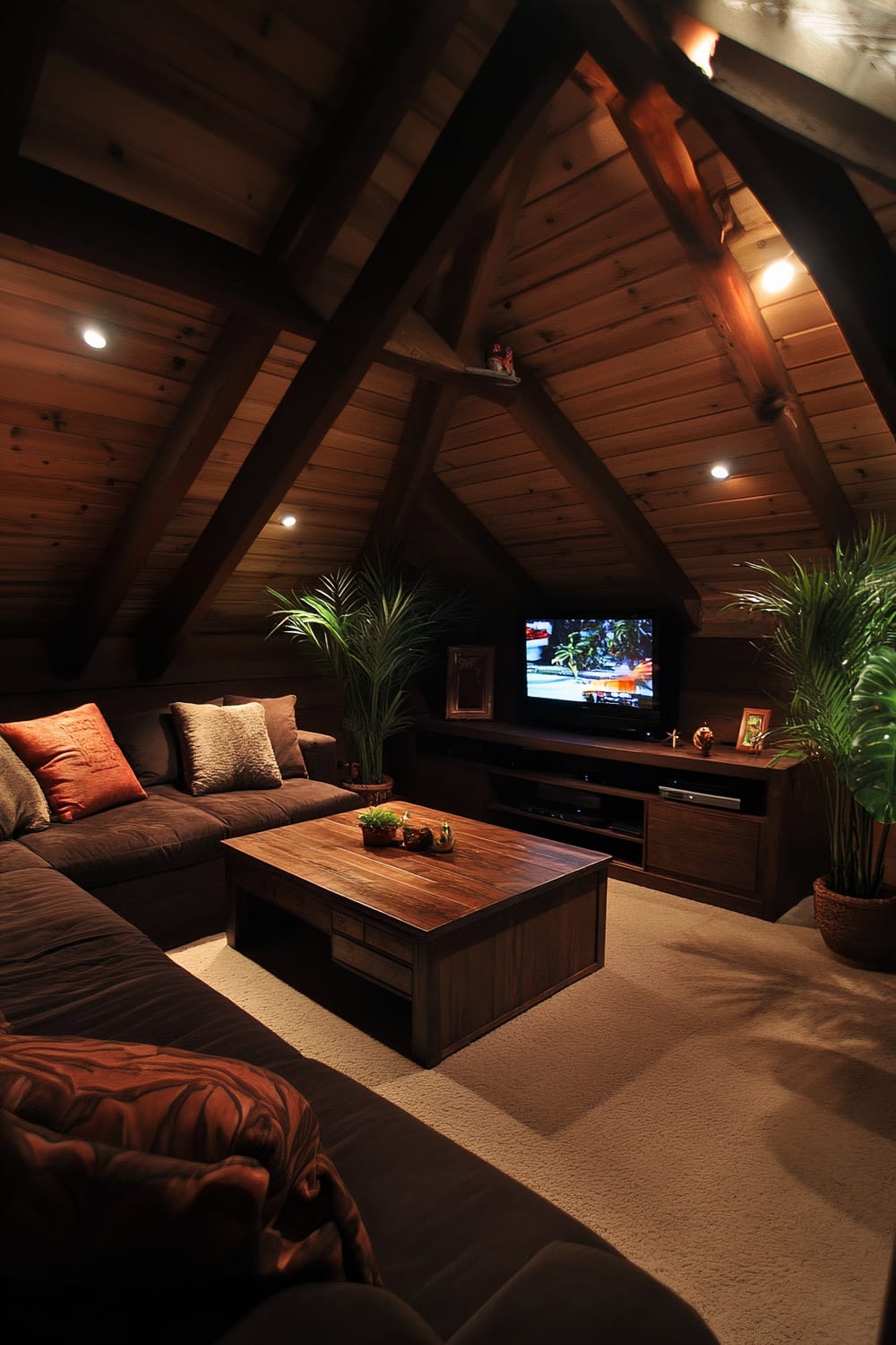 An inviting and spacious loft man cave with a rustic charm. The open floor plan features a sectional sofa with three cushions in warm tones, a large wooden coffee table adorned with two decorative items, and a modern media console housing a flat-screen TV. The ceiling showcases exposed wooden beams and recessed lighting. Two tall potted plants flank the TV, enhancing the cozy atmosphere.