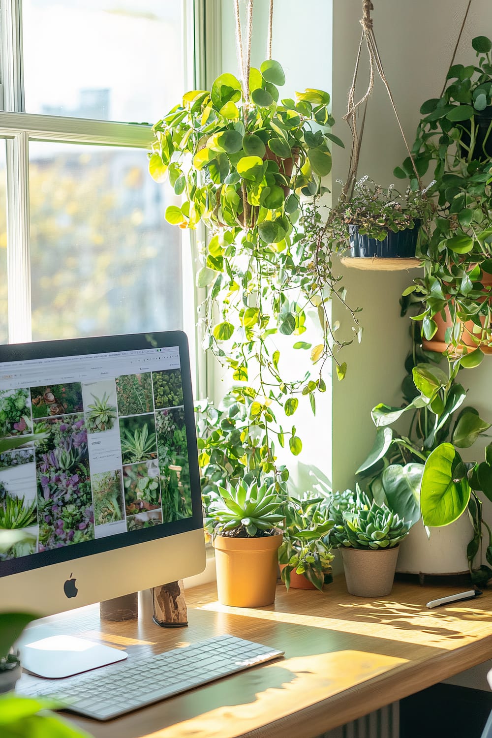 A bright home office space with a wooden desk by a large window. Several potted plants and hanging planters with lush, green foliage surround the computer setup, which includes an iMac displaying images of plants on the screen. Sunlight filters through the window, casting a natural light over the lively greenery.