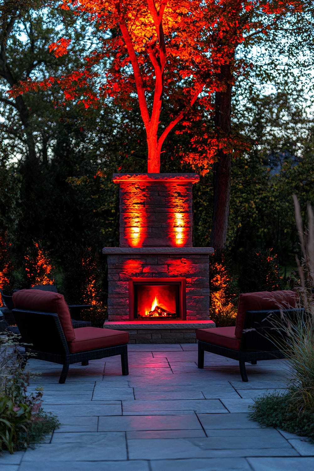 A decorative outdoor fireplace stands at the center of a stone patio, its vibrant flames casting a warm glow. The fireplace is surrounded by red and orange lights, enhancing the ambiance. Two cushioned chairs with dark wicker frames, facing each other, provide seating. Behind the fireplace, tall trees are illuminated by the colorful lights.