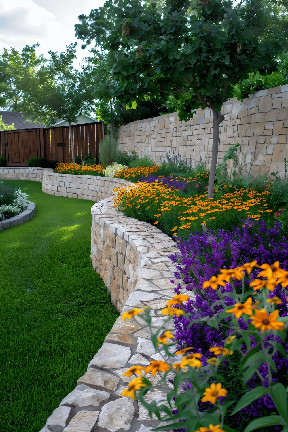 A meticulously maintained backyard garden with curved stone walls containing various vibrantly colored flowers including yellow lilies, purple salvia, and unidentified pink blooms. The space is bordered by a lush green lawn in the foreground and mature trees under a wooden fence in the background. The environment is lit by a dappled sunlight that seeps through the leaves, providing the space with a tranquil and welcoming ambiance.