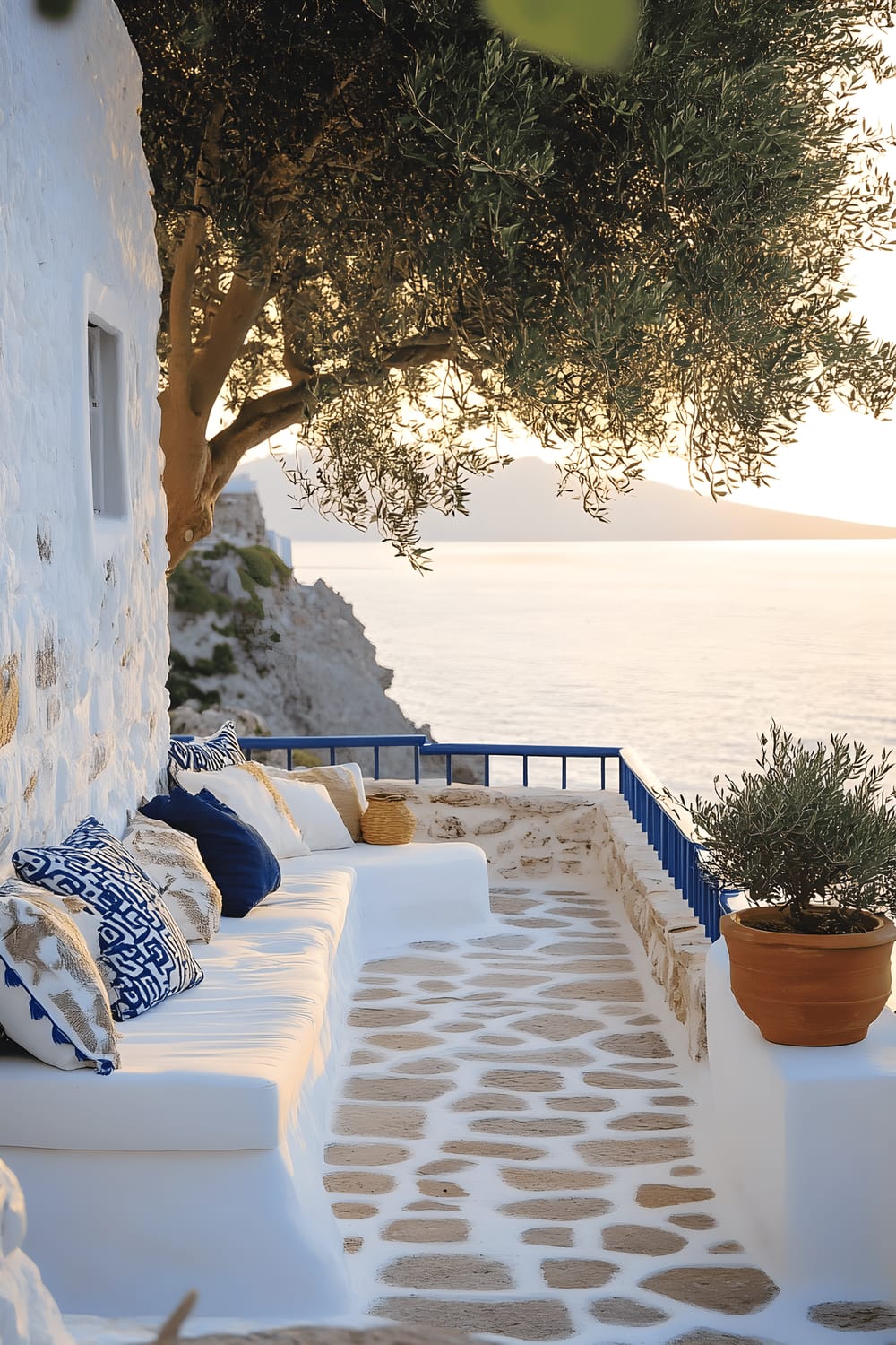 A beautiful stone patio featuring whitewashed stone flooring and a matching built-in bench enhanced with plush, white cushions and pillows decorated in Greek key patterns. The patio is equipped with cobalt blue accented railings and furniture, overseeing the breathtaking vistas of the Aegean Sea. A solitary olive tree in a ceramic pot is prominently placed, adding to the authentic Greek setting while the scene is bathed in the golden light of the hour before sunset.