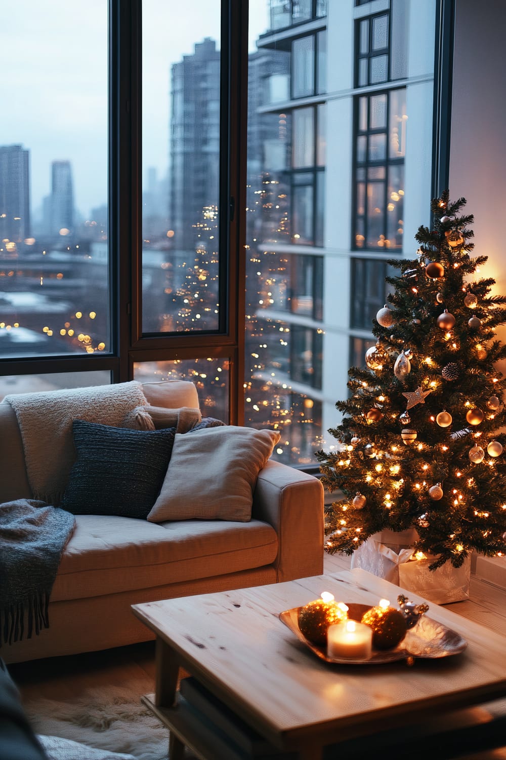 A modern living room is adorned with a minimalist Christmas tree, illuminated with warm white lights and decorated with gold and silver ornaments. The space features a beige sofa with cushions in neutral tones, a light wooden coffee table with lit candles and ornaments, and large windows revealing a view of skyscrapers outside, with city lights adding a festive glow.