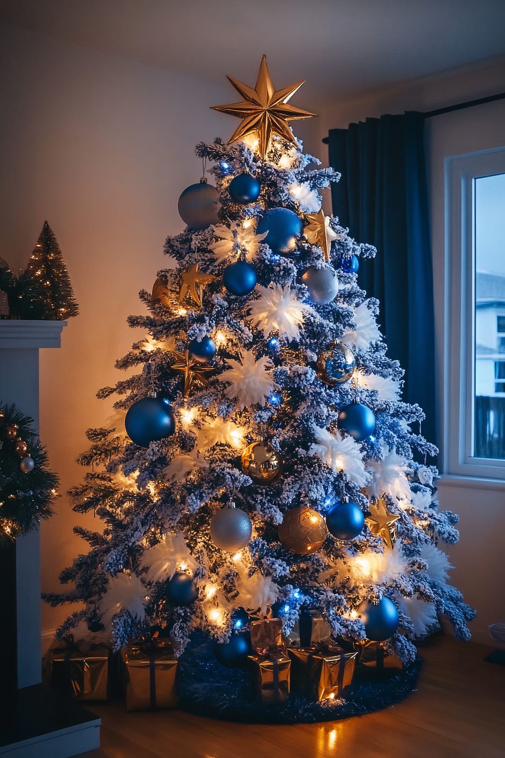 A beautifully decorated Christmas tree is adorned with blue, silver, and gold ornaments, including large spheres and star-shaped decorations. The tree is flocked with artificial snow, and warm white lights create a glowing ambiance. A large, golden star tops the tree. Wrapped gifts in golden paper are visible at the base of the tree. The tree is set in a cozy room with dark curtains and a window showing a hint of the outdoors. Nearby, a mantlepiece is decorated with green garlands and small Christmas trees.