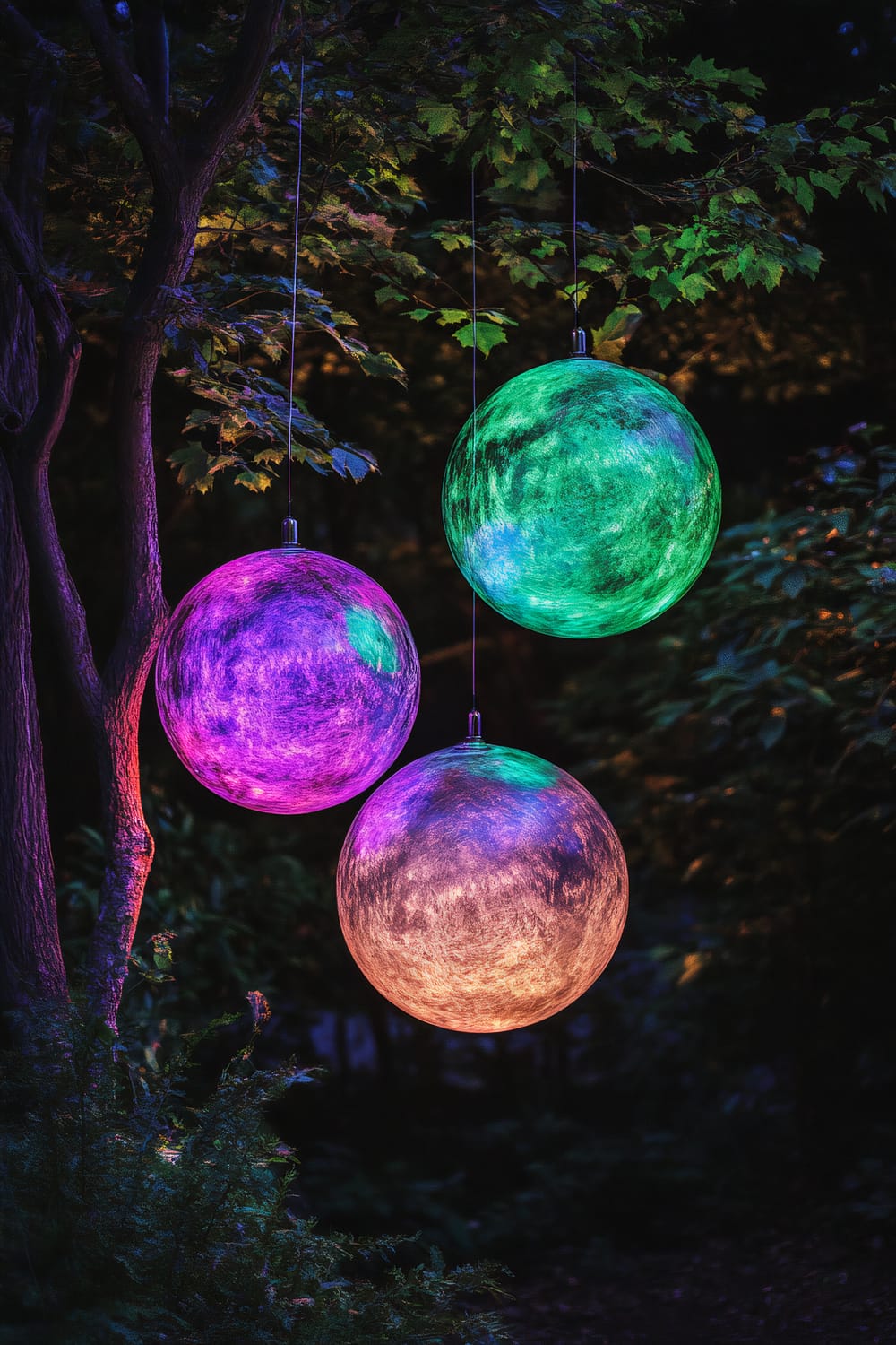 A captivating Halloween outdoor decoration featuring three large, translucent spheres suspended from tree branches. The spheres emit a soft, pulsating light in vibrant hues of deep purple, electric green, and a blend of colors. The spheres appear to float effortlessly against a dark, minimalist landscape, with shadows of nearby foliage adding to the mystical atmosphere.