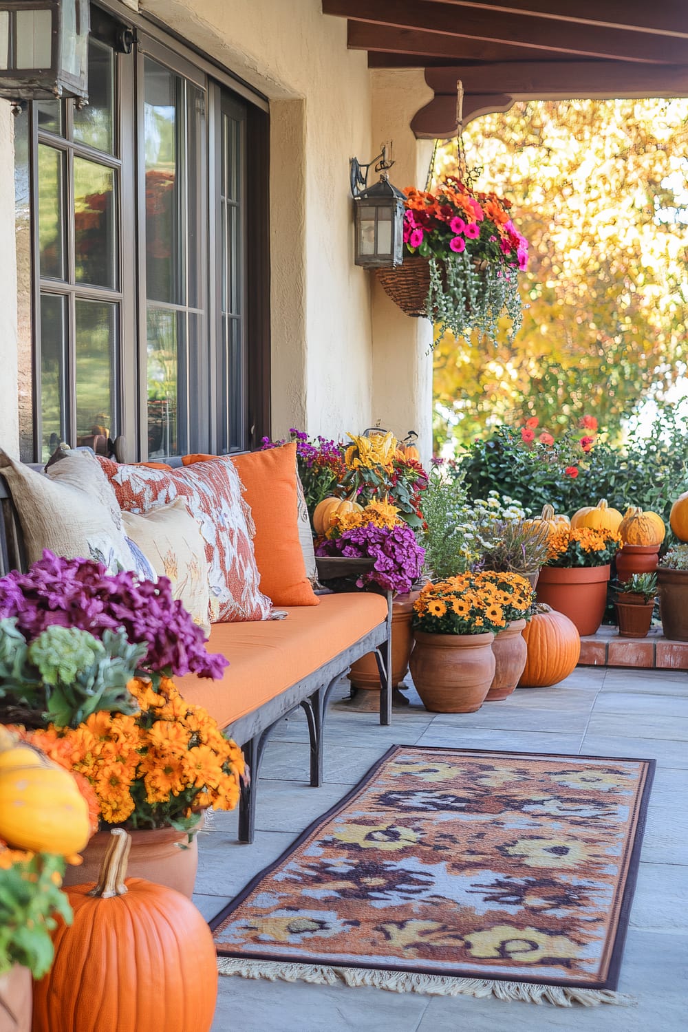 A charming front porch decorated for autumn. The porch features a wooden bench with orange cushions and autumn-themed pillows, surrounded by vibrant potted flowers in shades of purple, yellow, and orange. Pumpkins are strategically placed around the pots, enhancing the fall ambiance. A hanging basket with bright pink flowers and trailing greenery adds a touch of elegance. An autumnal rug with a floral pattern lies on the tiled floor, completing the inviting setup.