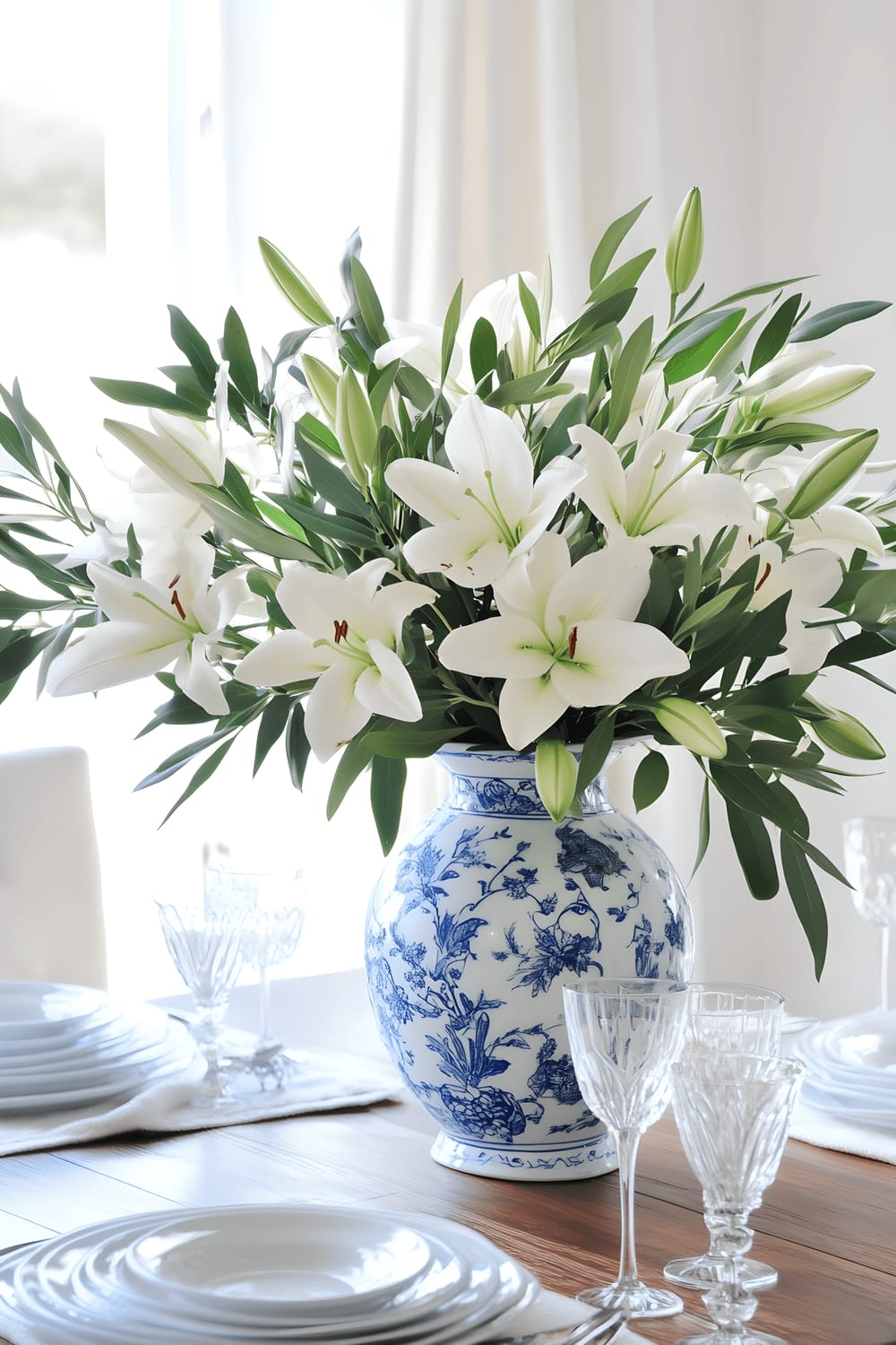 A bright, Santorini-inspired dining room showcasing a large wooden table set with minimalist white plates and silver cutlery. The table centerpiece is a sizeable blue and white ceramic vase filled with elegant white lilies and lush green olive branches. Sunlight seeping through sheer white curtains cast gentle shadows on the dining setup, further enhancing the vibrant blue of the vase and the serene white background.