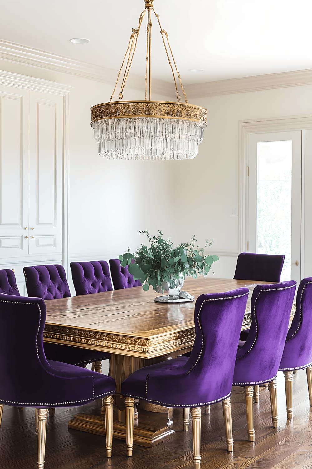 An opulent dining room that captures attention with its large wooden dining table sporting gold leafed brass legs, a statement chandelier with gold accents overhead, a set of luxurious seats upholstered in royal purple satin, soft ivory walls, and a simple yet striking emerald green centerpiece on the table.