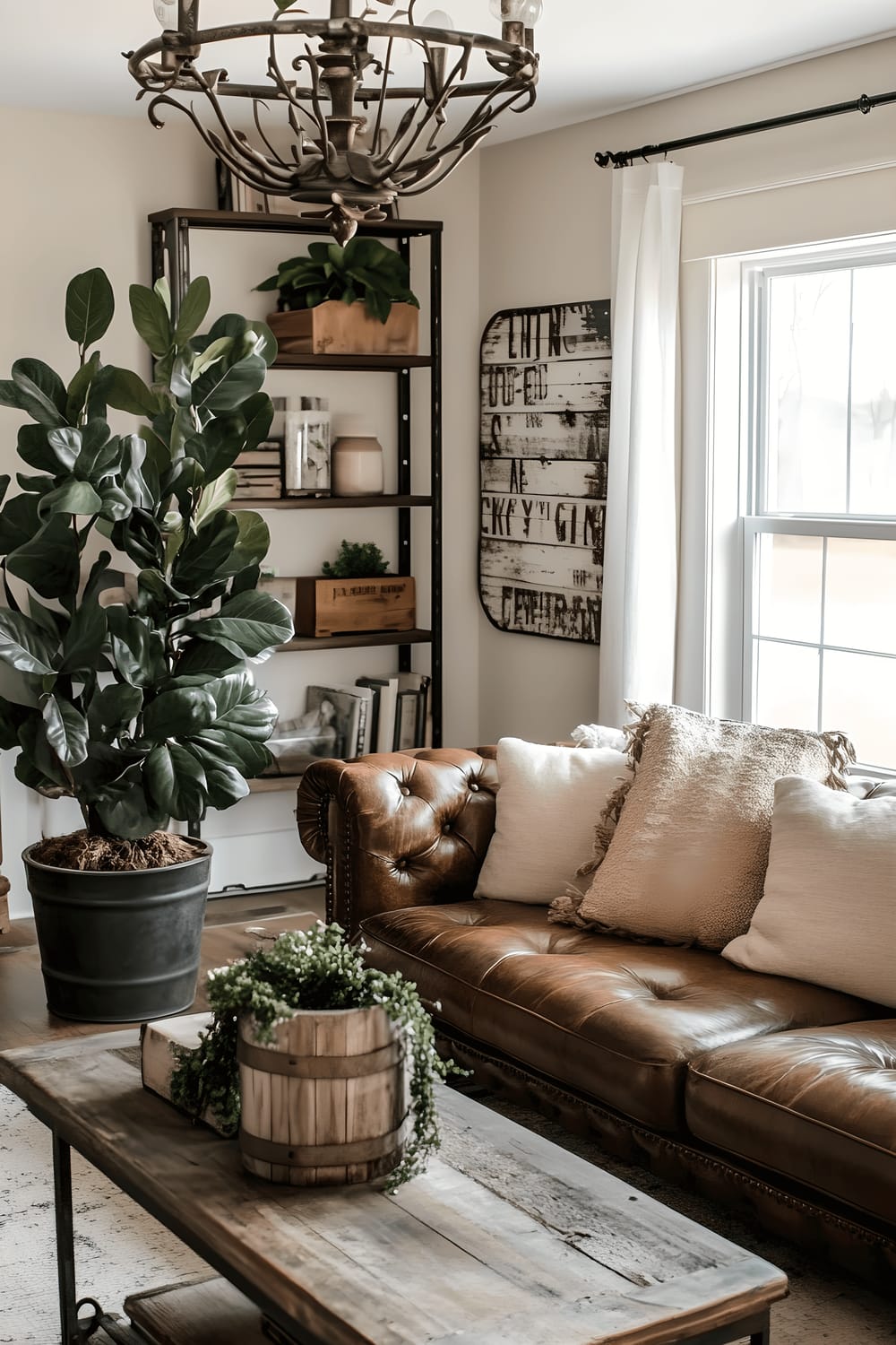 The image displays a warm, spacious living room having an industrial-farmhouse aesthetic. Dominant features include a comfortable brown leather sofa adorned with metal piping, a coffee table made of reclaimed wood, and metal-framed bookshelves teeming with books and trinkets. A rustic chandelier hangs from the ceiling, casting a serene glow over the room. A bay window lets in a generous amount of natural light, illuminating the vintage metal signs decorating the walls and the shiny leaves of the large rubber plant in a distressed pot.