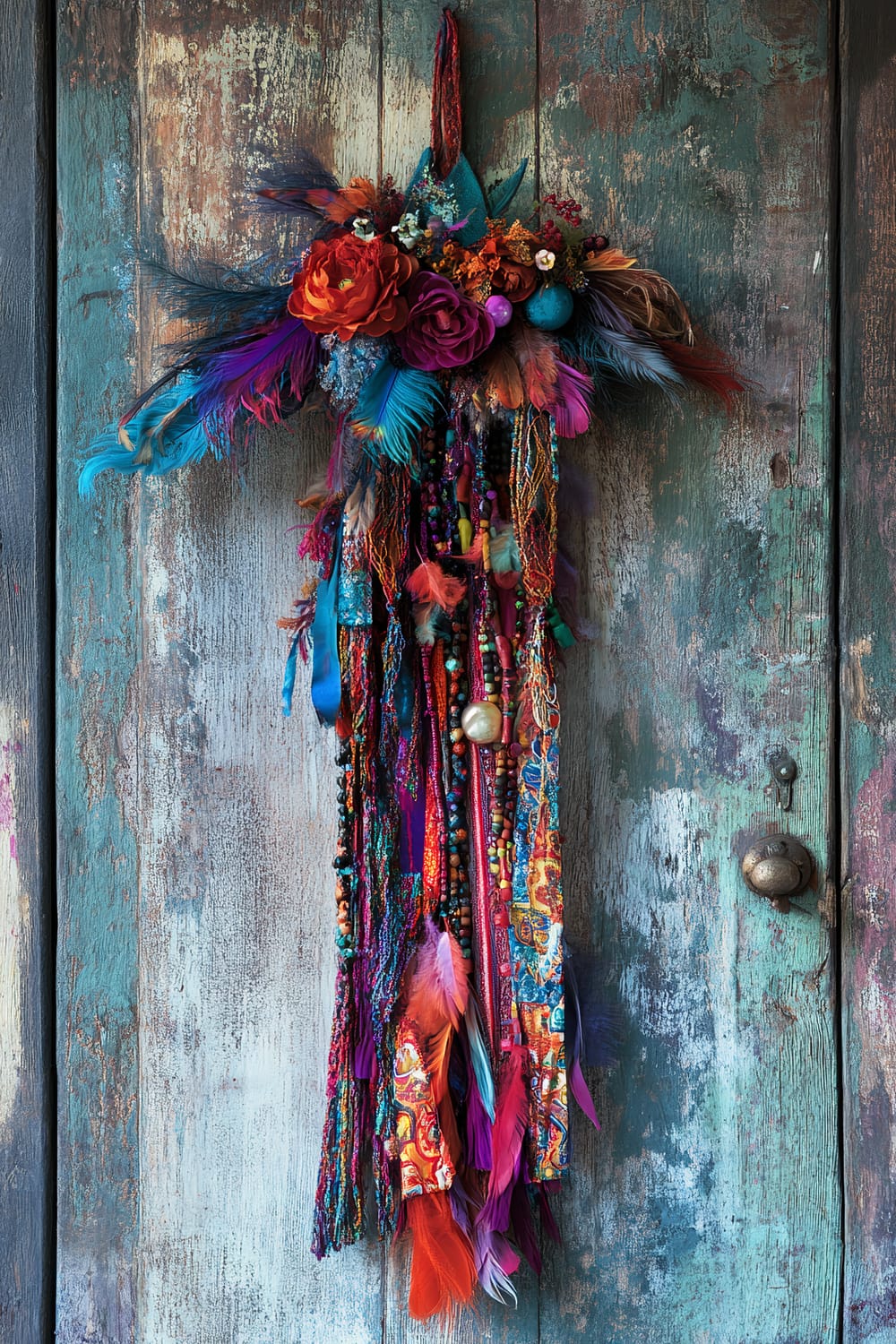 A vibrant, eclectic wall hanging is centered on a distressed, weathered wooden door. The wall hanging features a rich array of colorful feathers, flowers, and beads. Dominated by hues of purple, orange, blue, and red, the feathers and fabric strips cascade downward, interlaced with strings of beads and small ornaments, creating a bohemian, artistic display. The wooden door background with its rustic texture and faded, multi-toned paint adds a contrasting backdrop that highlights the vividness of the hanging.