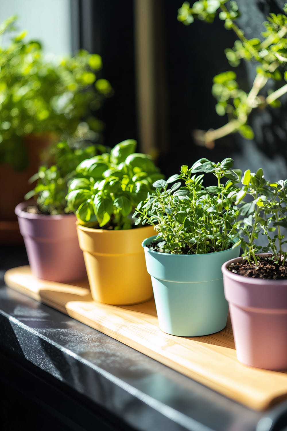 Mid-angle shot of a retro kitchen herb rack featuring four potted herbs in pastel-colored pots: basil, thyme, oregano, and parsley. The pots are placed on a wooden tray, and they are colored purple, yellow, blue, and purple, respectively. The herbs are brightly lit by natural sunlight, highlighting their green foliage.