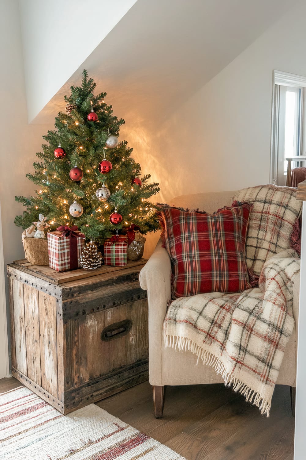 An inviting traditional farmhouse nook decorated for Christmas, featuring a small vintage tree with rustic ornaments, plaid throw pillows, a wooden side table, and soft ambient lighting.