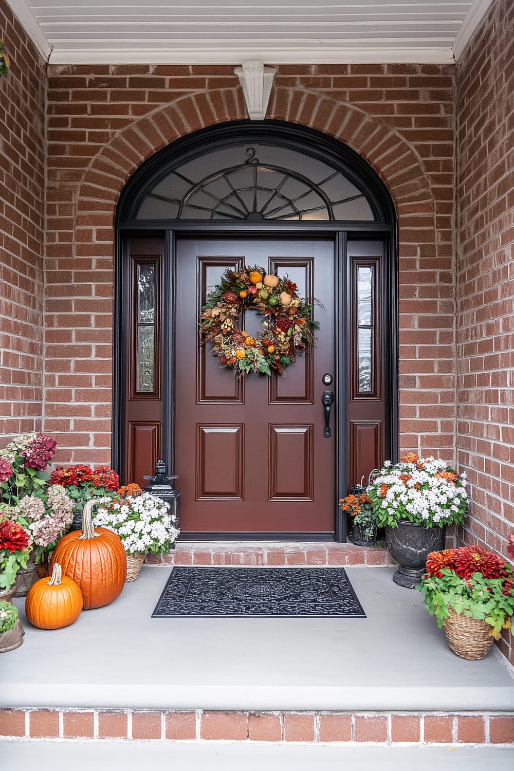 An inviting front porch features a reddish-brown wooden door with a decorative, arched glass window above it. The door is adorned with a colorful autumn-themed wreath made of leaves, berries, and small gourds. On either side of the door, potted plants with bright flowers in hues of red, orange, and white add a touch of vibrancy. Two pumpkins, one large and one small, are placed to the left, accompanied by a decorative lantern. The porch is framed by red brick walls, and a gray doormat is laid out in front of the door.