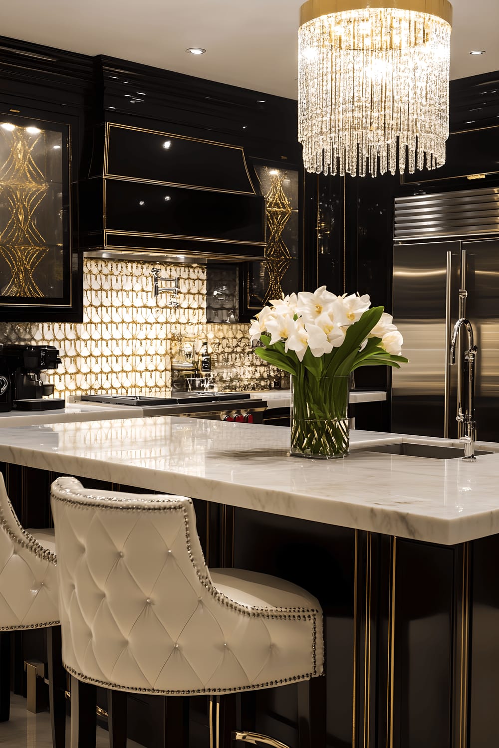 A luxury kitchen influenced by Art Deco style, featuring shiny black cabinets with golden geometric designs, sleek marble countertops with distinctive symmetrical patterns, and high-end stainless steel appliances. A glamorous chandelier hangs above a polished marble island, reflecting sparkling light throughout the room. The backsplash is mirrored, adding depth and glamour, with seating provided by classy tufted bar stools. Vintage-style espresso machine, golden-framed art pieces, and a vase holding fresh white orchids solidify the space's lavish and stylish atmosphere.