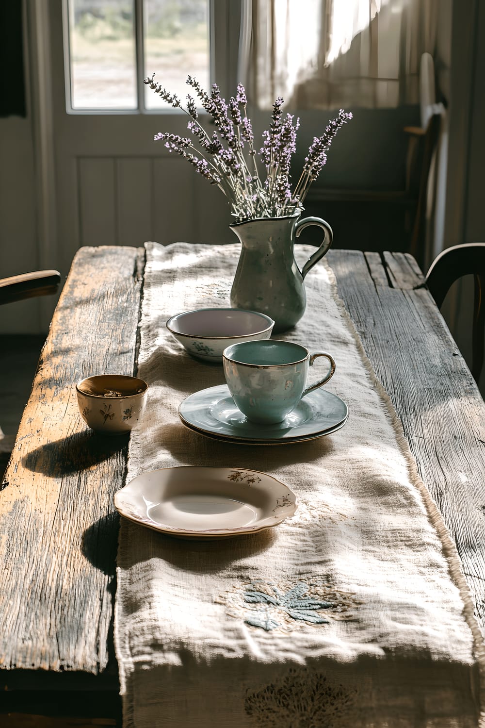 A well-lit rustic wooden farmhouse table adorned with a delicate linen table runner intricately embroidered. The table setting includes mismatched pastel dishes and a vintage ceramic pitcher filled with dried lavender. The soft morning sunlight accentuates the textures and creates a warm ambience.