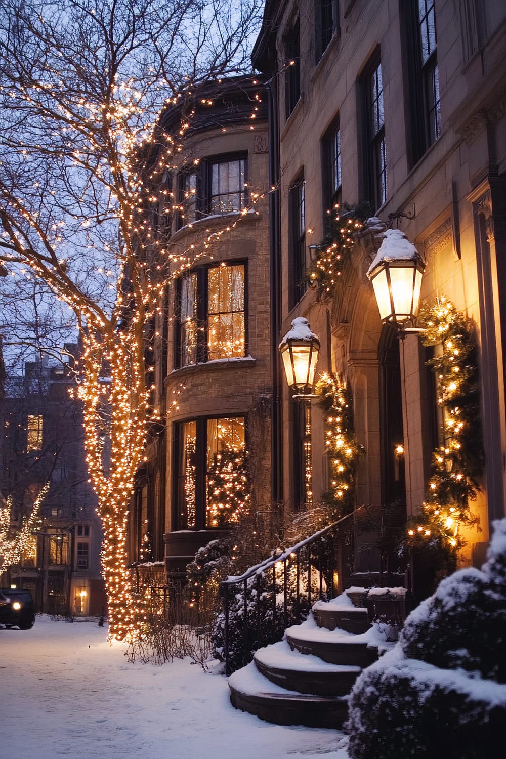 A historic Boston brownstone illuminated with elegant white lantern-style Christmas lights on a beautiful winter evening. The streets are lined with softly glowing cobblestone, and the scene is complemented by a fresh layer of snow. The brownstone features grand, arched windows and festive decor, including garlands and twinkling lights wrapped around a nearby tree and the building's entrance. Snow gently blankets the steps leading up to the front door, creating a picturesque and inviting holiday scene.