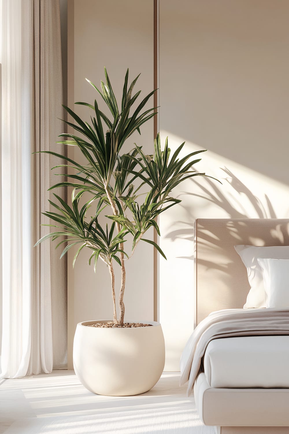 A modern bedroom with a large sculptural indoor plant in a stylish, neutral pot. The plant is situated next to a beige upholstered bed with crisp white linens. Natural light pours in from a nearby window with sheer, white curtains, casting shadows on the wall and enhancing the serene ambiance. The decor is minimalist, featuring a harmonious palette of whites and beiges.