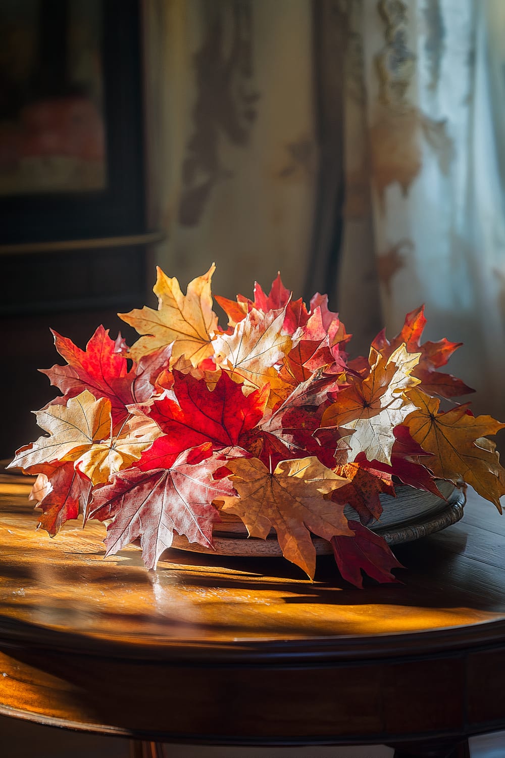 An arrangement of dried fall leaves in reds and yellows placed on a wooden round coffee table. The scene is bathed in natural light, highlighting the textures and colors of the leaves. The background is blurred, focusing attention on the autumnal centerpiece.